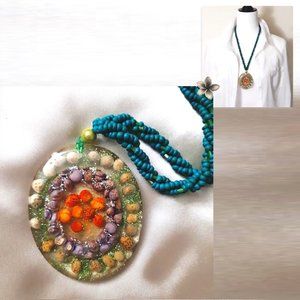 Resin Art Seashell Necklace Wooden Beads  28”